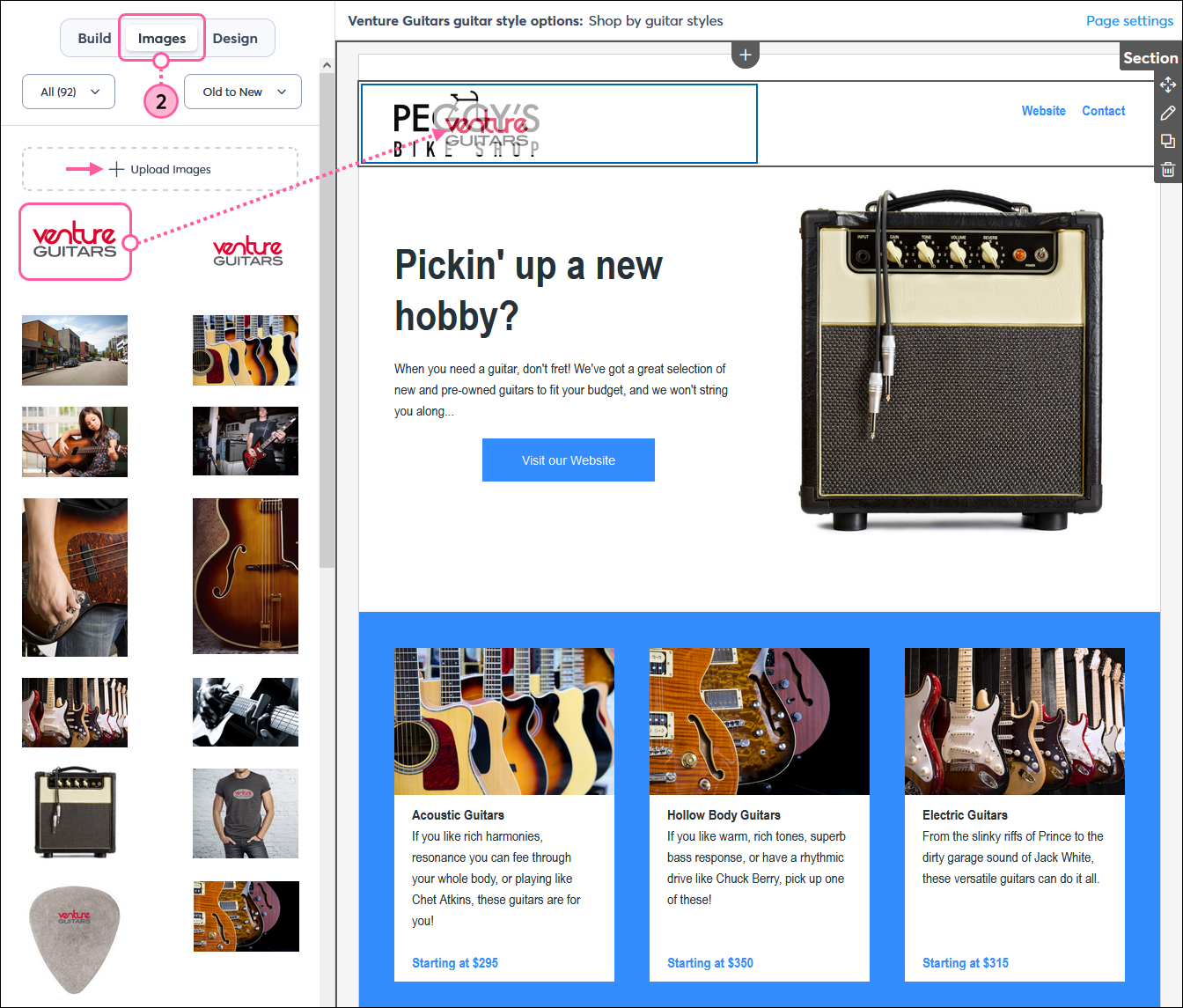 Landing page editor with Images tab selected, Upload images option, and logo being dragged and dropped into the template