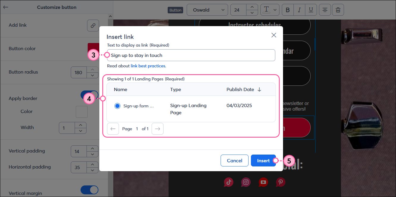 Custom Landing Page Insert Link overlay, Text to display as link field, landing page options, and Insert button