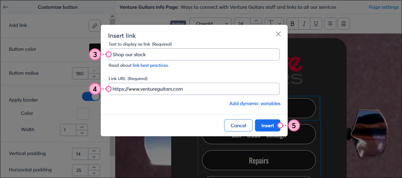 Custom Landing Page Insert Link overlay, Text to display as link field, Link URL field, and Insert button