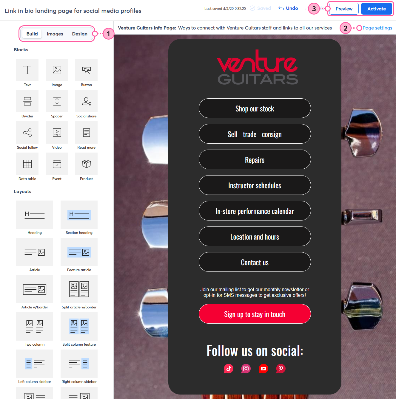 Landing page editor with Build, Images, and Design tabs, Page settings option, and Preview and Activate buttons