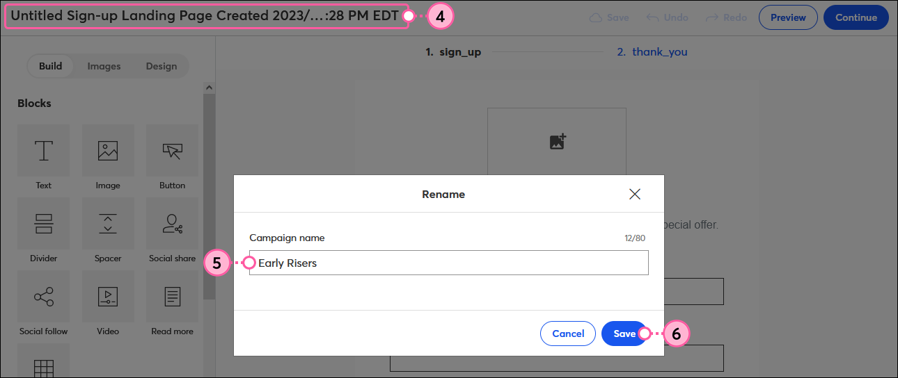 Landing page editor with name field and Rename overlay with Campaign name field and Save button