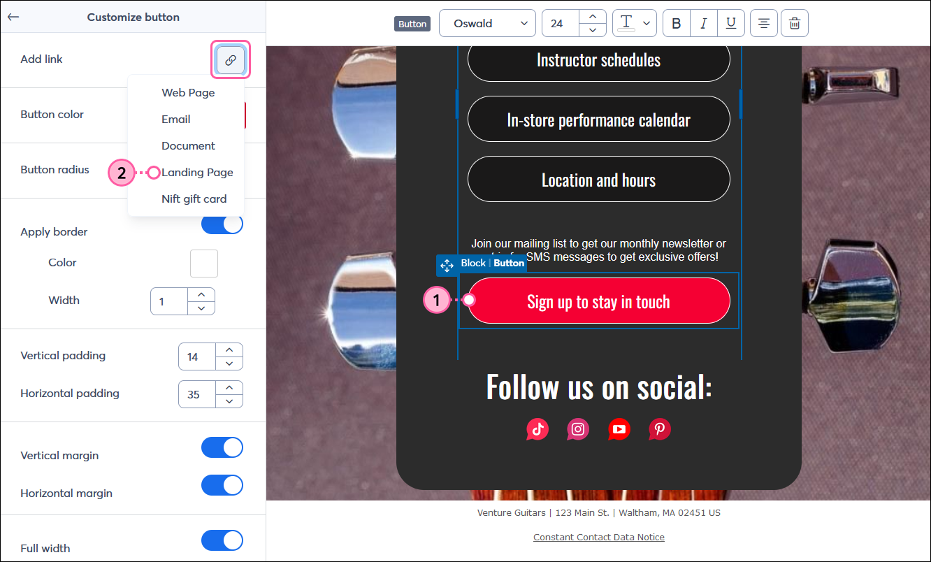 Landing page editor with Button block and Customize button menu, and Add link option with Landing Page option selected