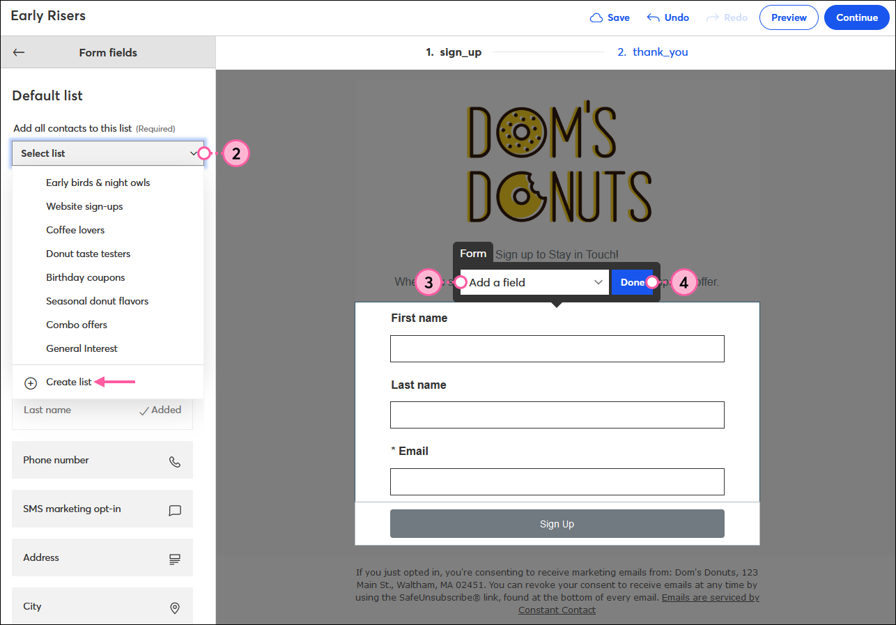 Sign-up Landing Page editor with Form fields menu displayed and Default list drop-down menu expaneded, and Form toolbar with Add a field drop-down menu and Done button