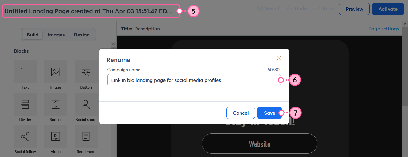 Custom Landing Page Rename overlay, Campaign Name field, and Save button