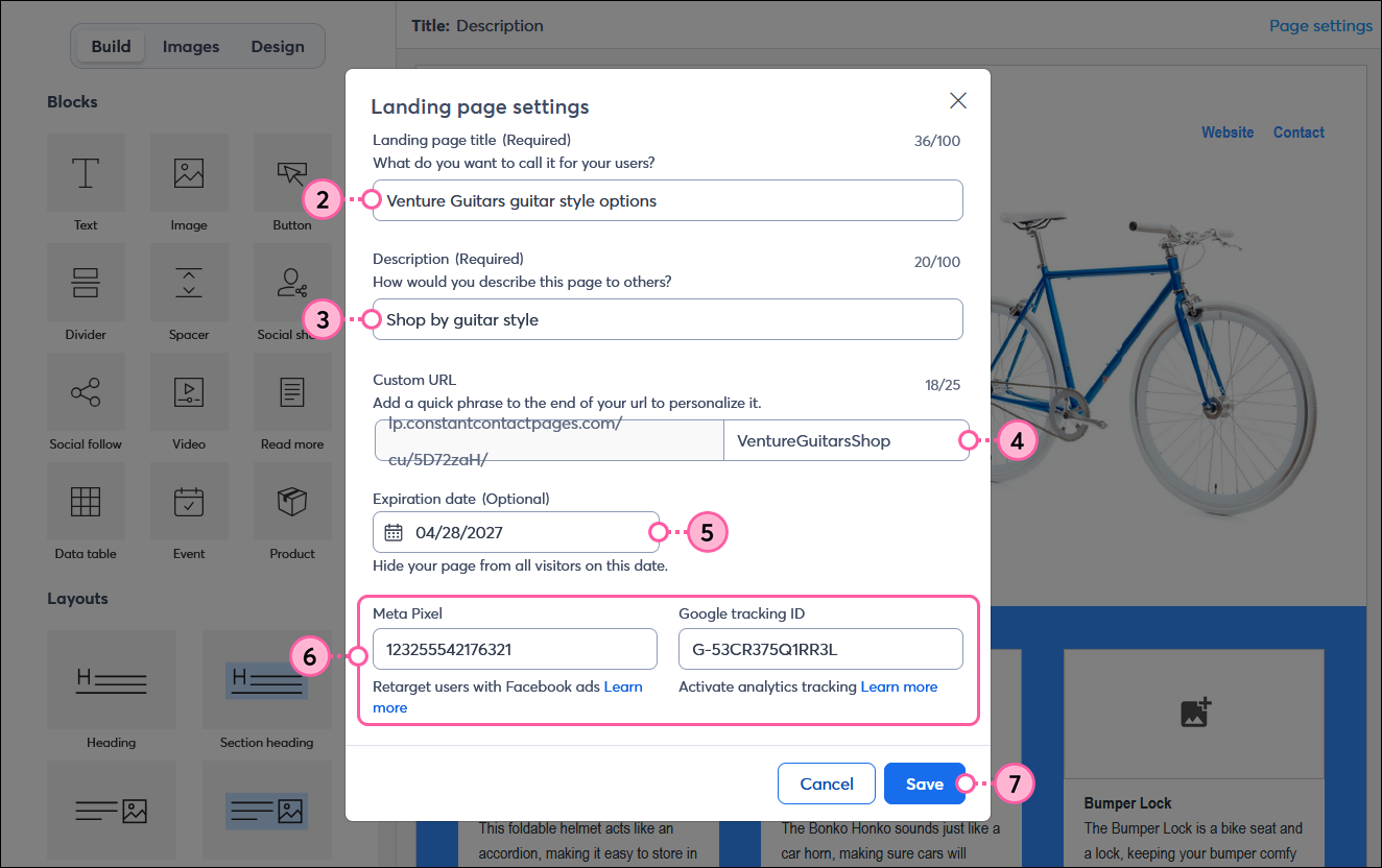 Landing page settings overlay with Landing page title field, Description field, Custom URL field, Expiration date field, Meta pixel and Google tracking ID fields, and Save button