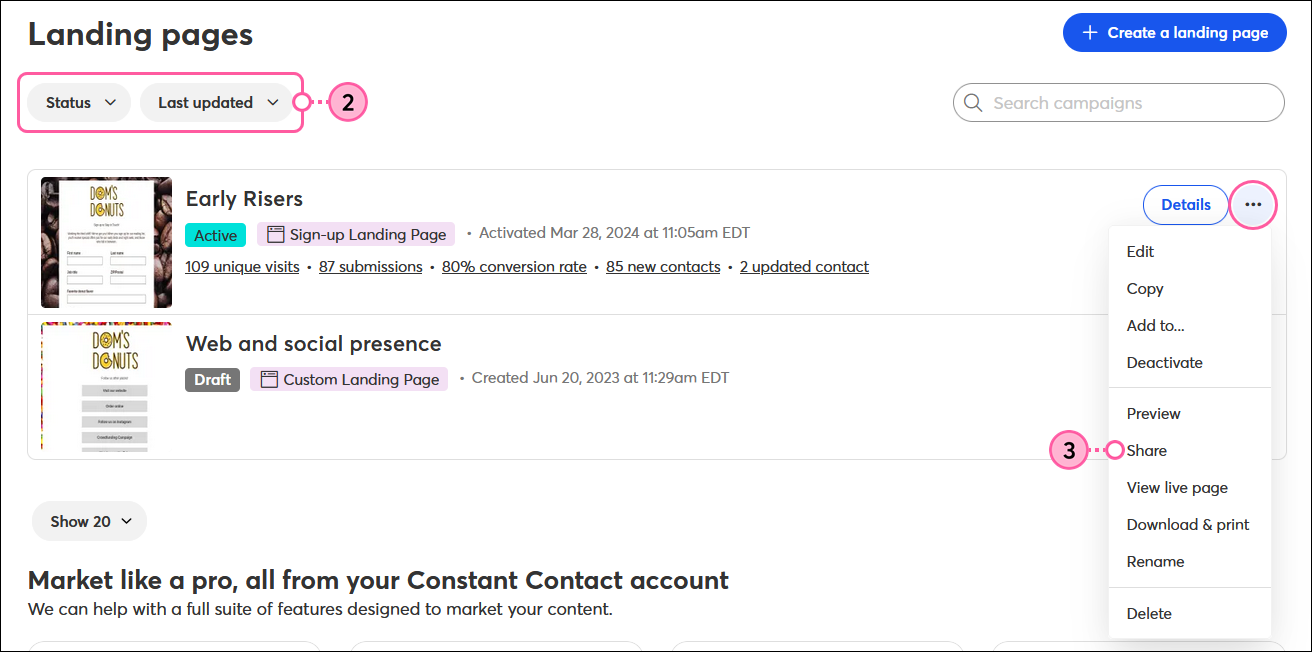 Landing pages page with Status drop-down menu without option selected and Sort by drop-down menu with Last modified option selected, and Active landing page with menu expanded and Share option selected