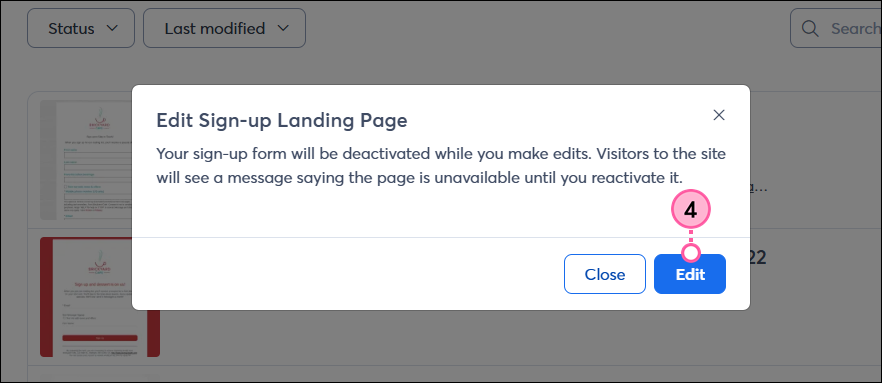 Landing Pages page, Edit Sign-up Landing Page pop-up, and Edit button