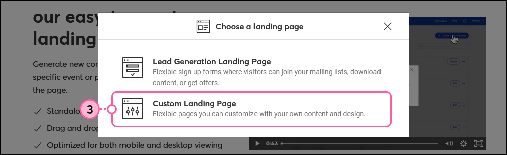 Option „Custom Landing Page“ (benutzerdefinierte Landingpage)
