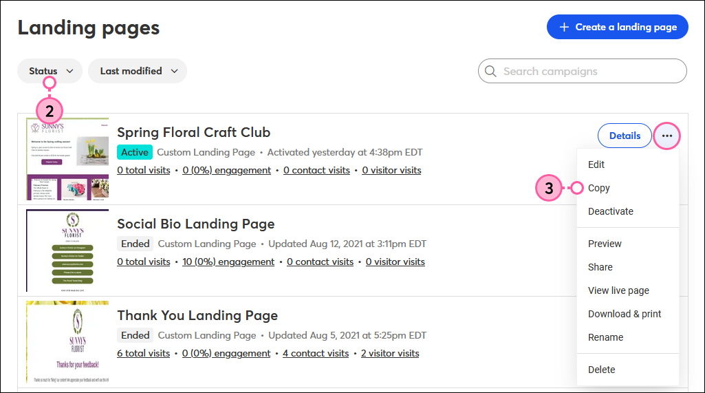 Landing Pages page, Status filter, More Drop-down Menu with Copy Option