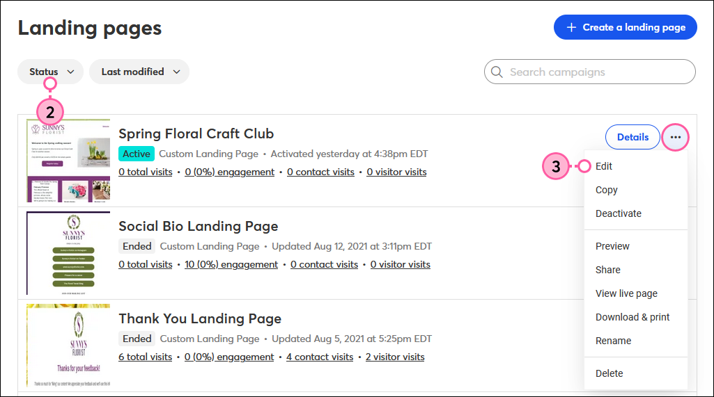 Landing Pages page, Active Custom Landing Page with More drop-down and Edit option