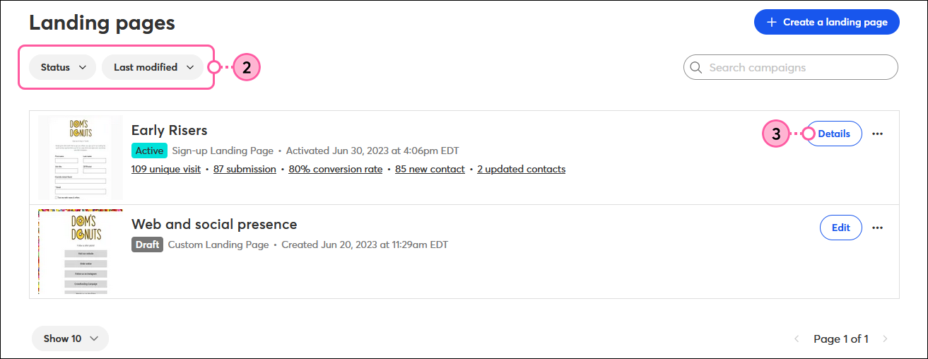 Landing pages page with Status drop-down menu without option selected and Sort by drop-down menu with Last modified option selected with Active landing page and Details button
