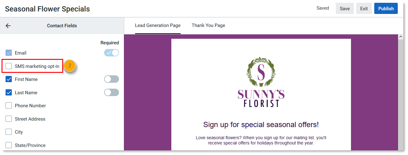 Lead Generation Landing Page editor Contact Fields menu and SMS marketing opt-in option