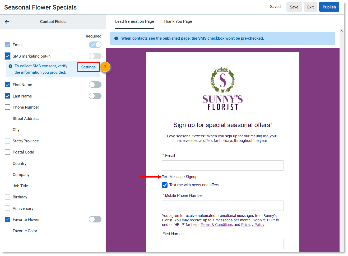 Lead Generation Landing Page editor Contact Fields menu and SMS marketing opt-in option selected, with Settings button displayed