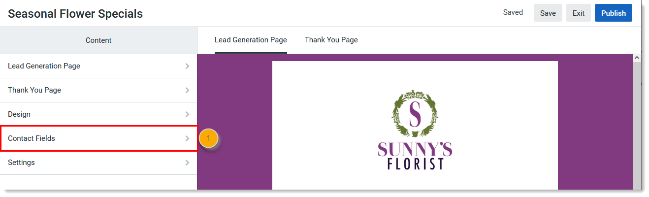 Lead Generation Landing Page Editor Content menu and Contact Fields option selected