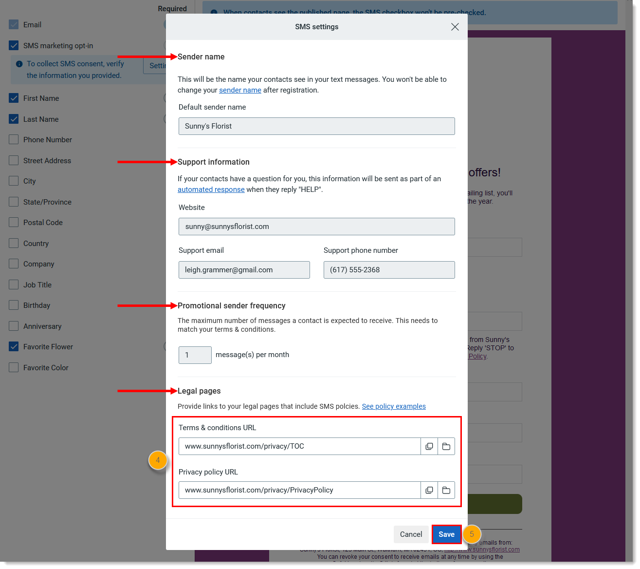 Lead Generation Landing Page editor, SMS settings overlay, with Sender Name, Support Information, Promotional sender frequency, and Legal Pages sections, Terms & condittions URL options, Orivacy policy URL options, and Save button