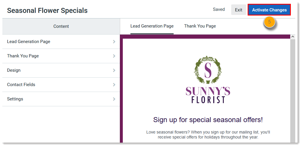 Active landing page Content menu and Publish Changes button