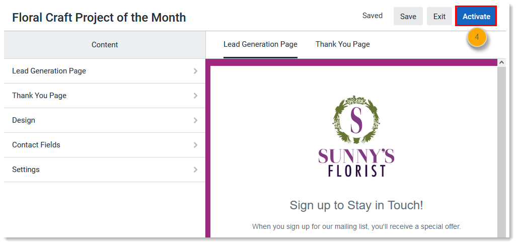 Landing page draft with Content menu and Publish button