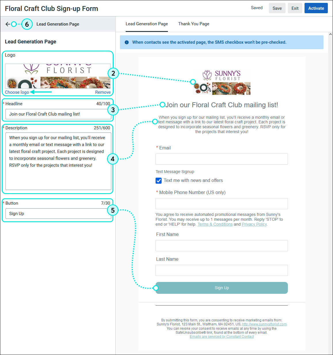 Content menu options and Lead Generation Page tab, Choose Logo link, and Headline, Description, and Button fields