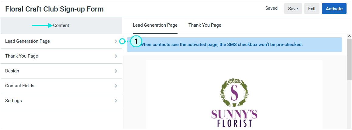 Content menu and Lead Generation Landing Page option