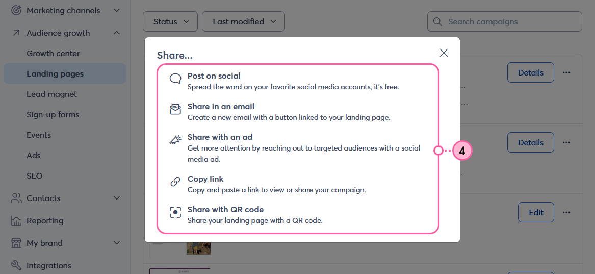 Pop-up with share options