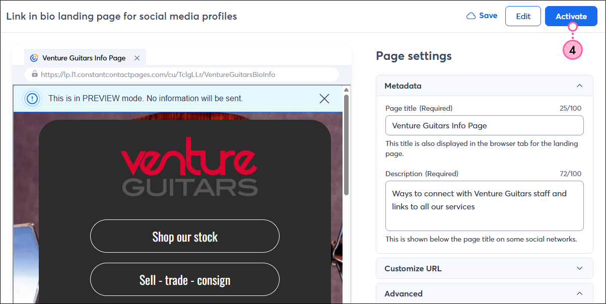 Page settings and Activate button
