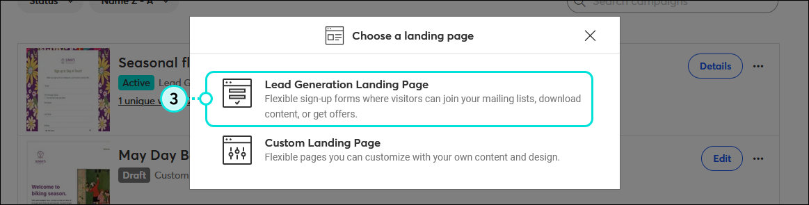 Choose a landing page overlay and Lead Generation Landing Page option