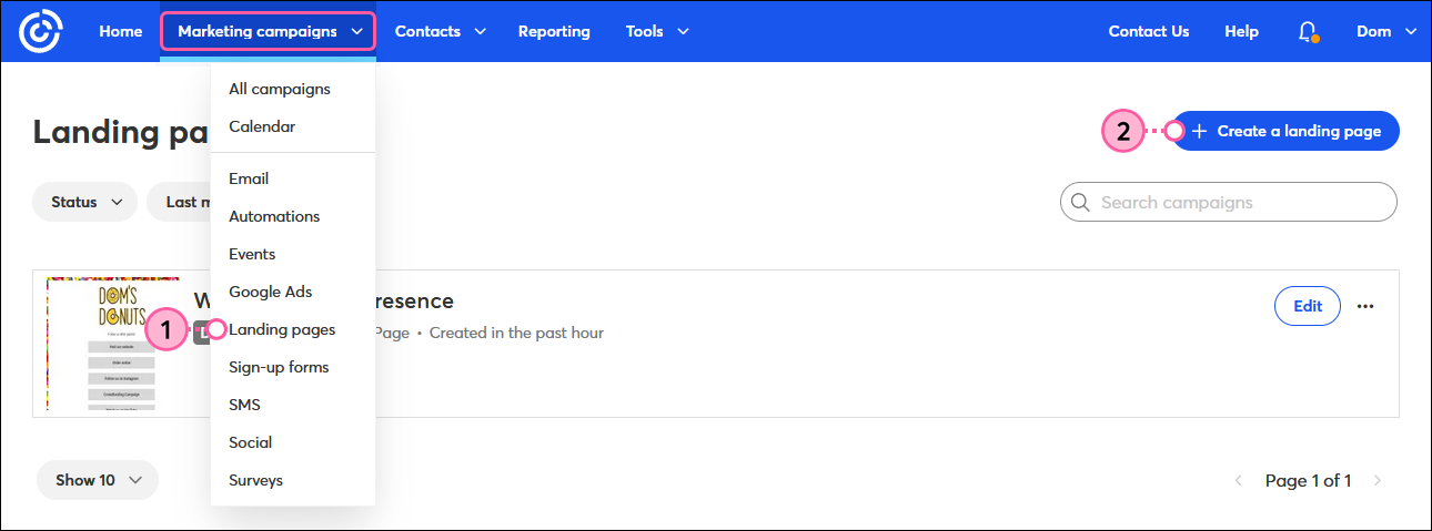 Landing pages page with Marketing campaigns drop-down menu expanded and Landing pages option selected, and + Create a landing page button
