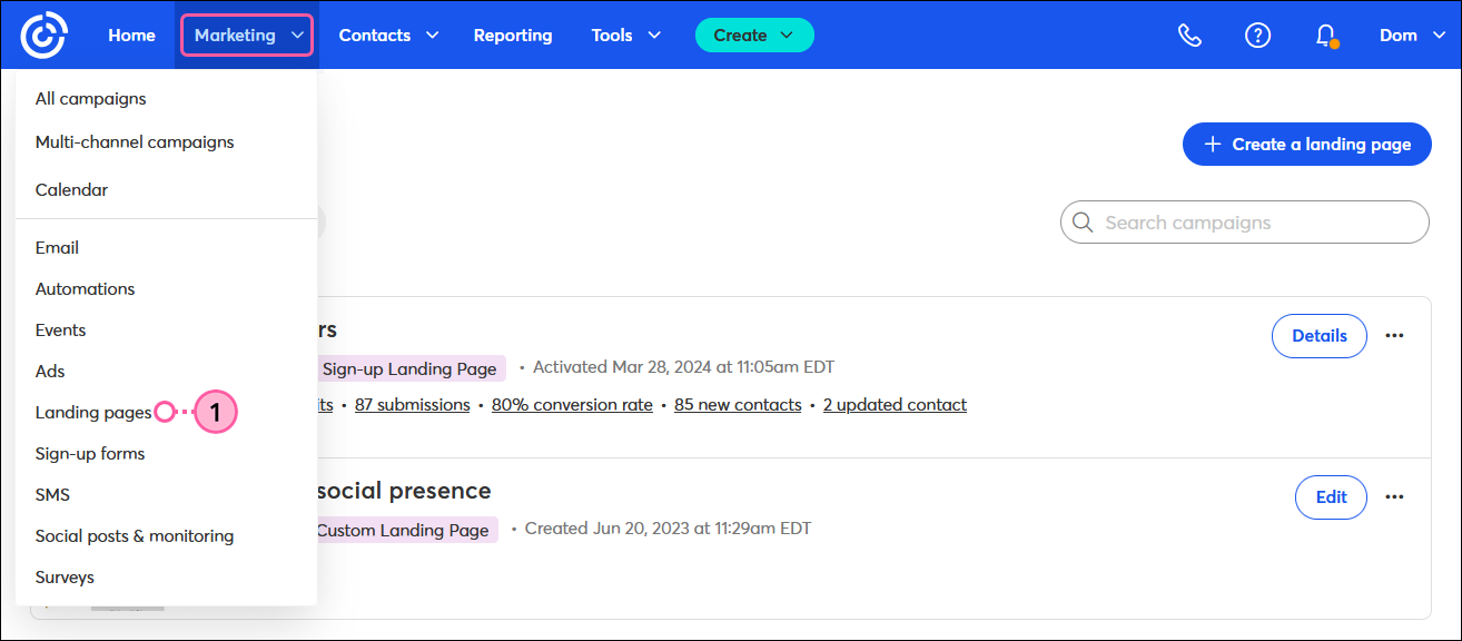 Dropdown-Menü Marketing mit ausgewählter Option Landing pages