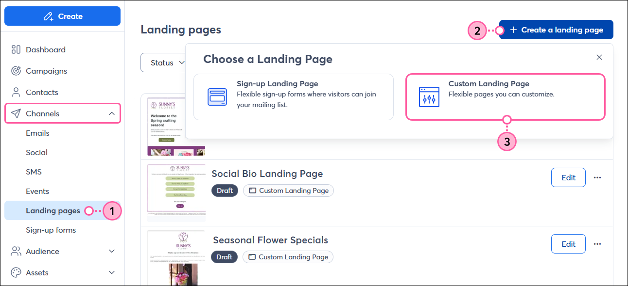 Left navigation menu, Channels expanded with Landing pages option selected, Landing pages dashboard with + Create a landing page button and Choose a Landing Page menu with Custom Landing Page option selected