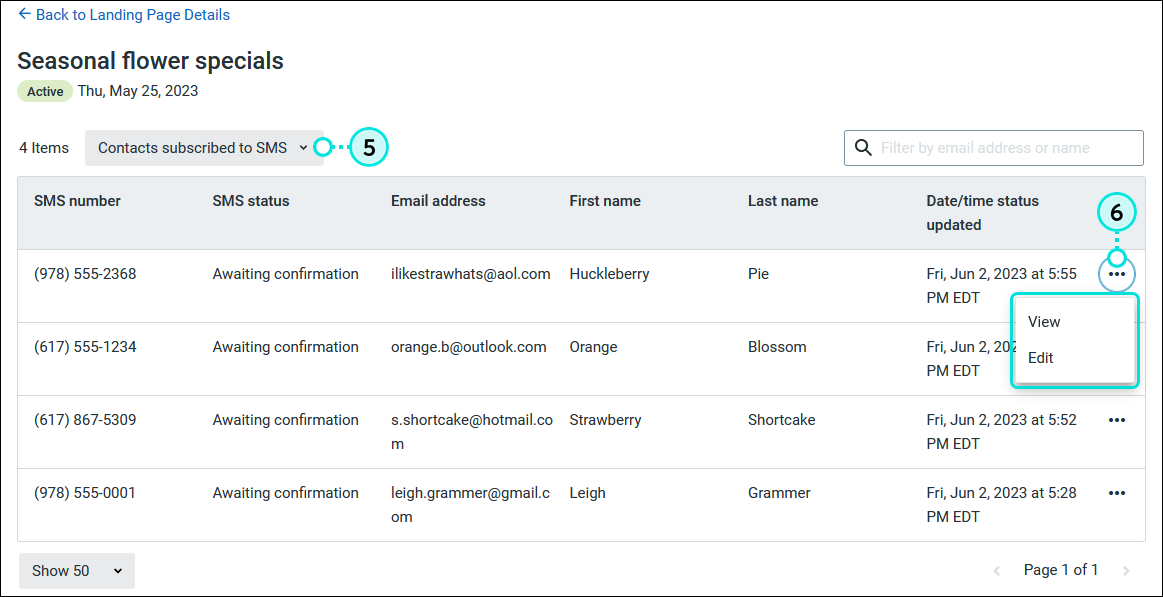 Landing page reporting with Contact table and Constacts subscribed to SMS option selected, and contact with contact menu expanded and View and Edit options