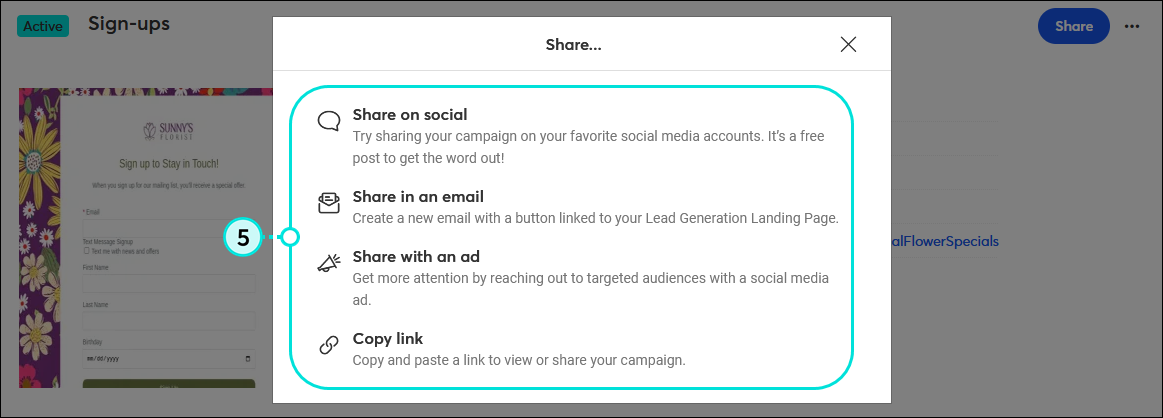 Share... overlay with Share on social, Share in an email, Share with an ad, and Copy link options