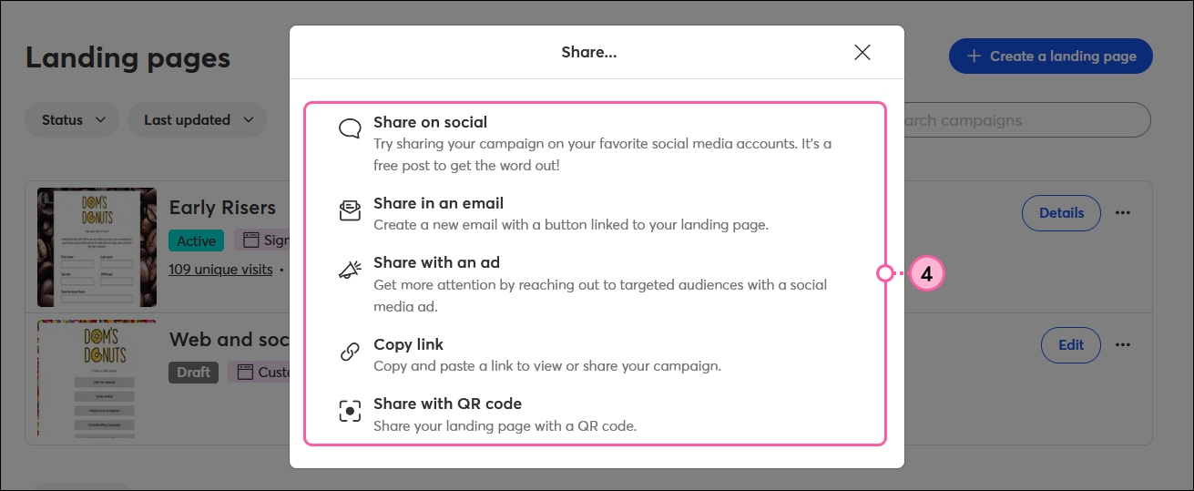 Share... overlay with Share on social option, Share in an email option, Share with an ad, option, Copy link option, and Share with QR code option