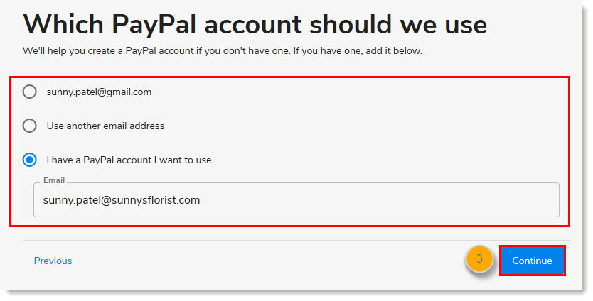Email Address Options and Continue Button