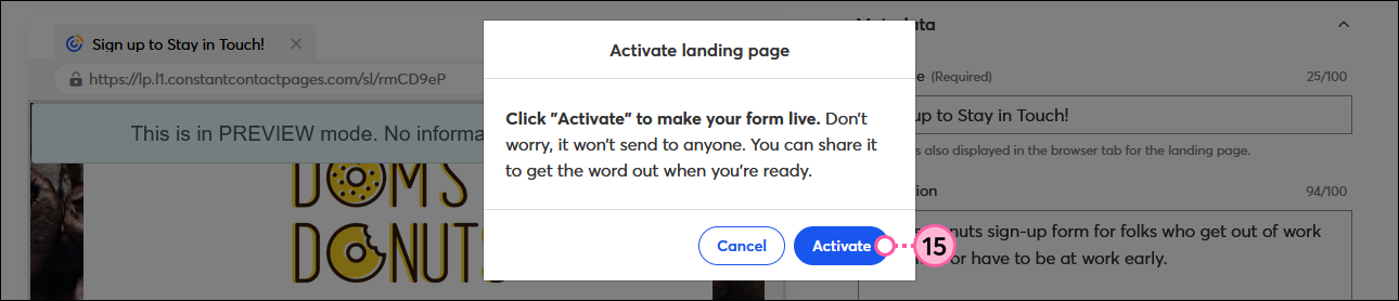 Sign-up Landing Page preview with Activate landing page overlay and Activate button