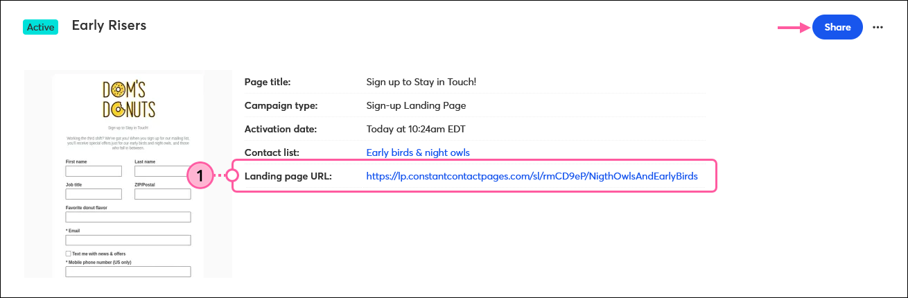 Sign-up Landing Page Details page with Landing page URL link