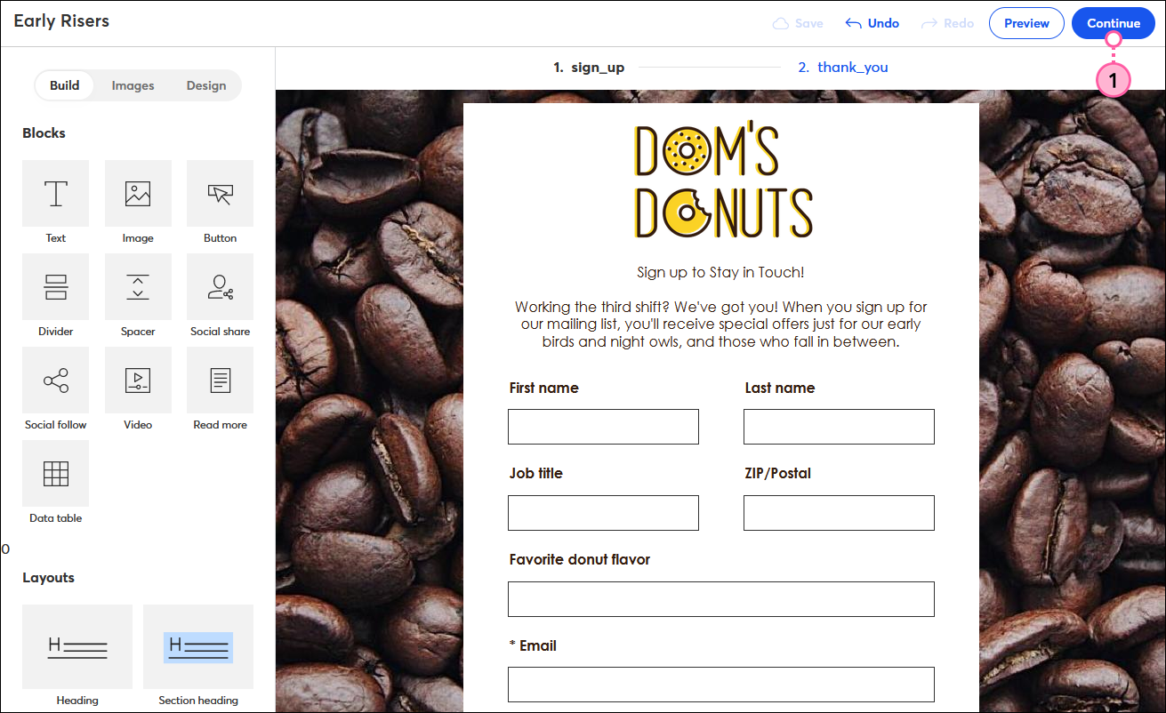 Sign-up Landing Page editor with sign_up editor and Continue button