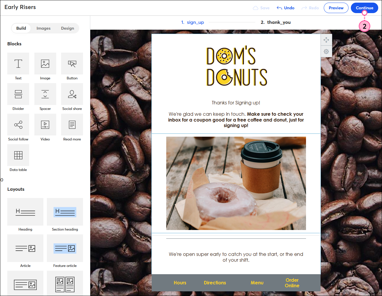 Sign-up Landing Page editor with Continue button in upper right-hand corner