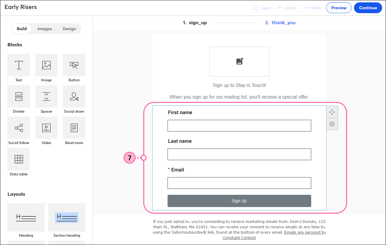 Sign-up Landing Page editor with Form Fields block