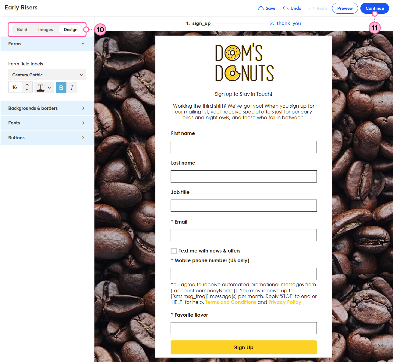 Landing page editor with Design tab selected and Forms section expanded with Form field labels options, Sign-up Landing Page template with branding and Form fields block that includes SMS messaging opt-in field, and Continue button