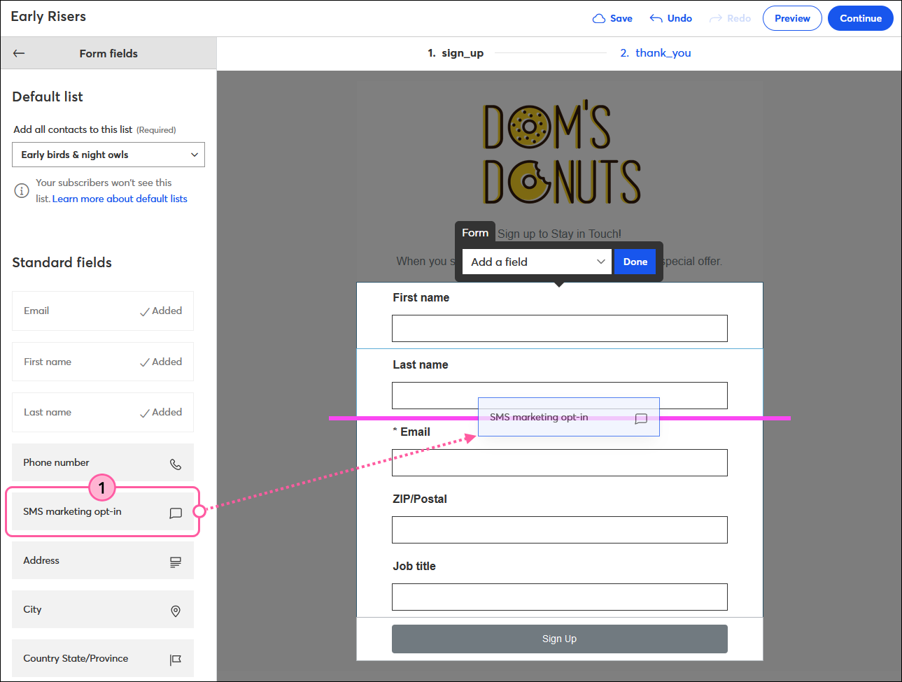 Add standard fields or custom fields to a Sign-up Landing Page