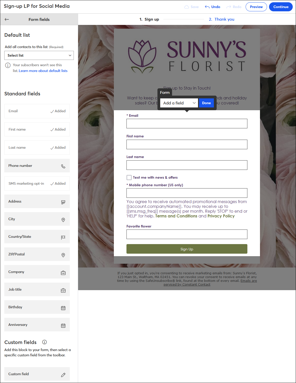 Example Sign-up Landing Page editor with SMS fields and custom field