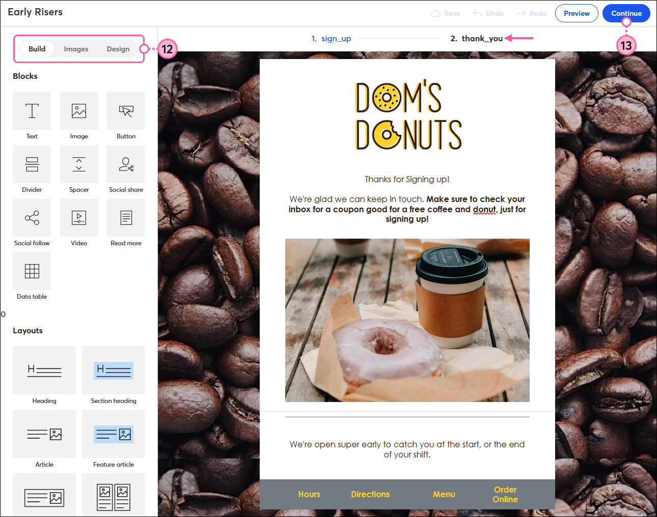 Landing page editor with Build tab selected, thank you page template with custom branding, images, and text, and Continue button