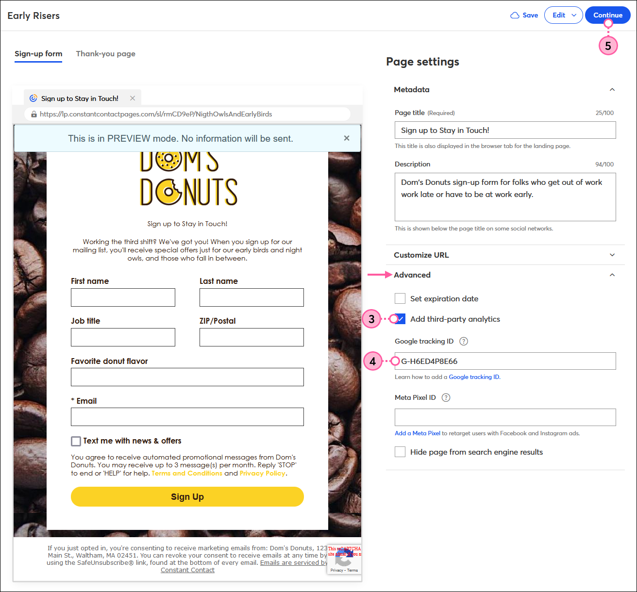 Sign-up Landing Page Page Settings with Advanced section expanded and Add third-party analytics option selected, and Google tracking ID field