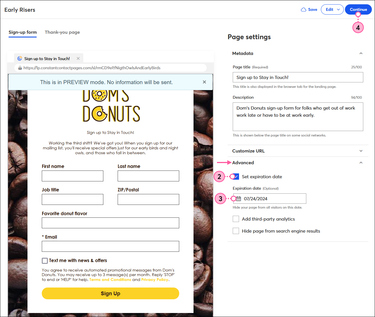 Sign-up Landing Page page settings with Advanced section expanded and Set expiration date option selected, Expiration date field, and Continue button