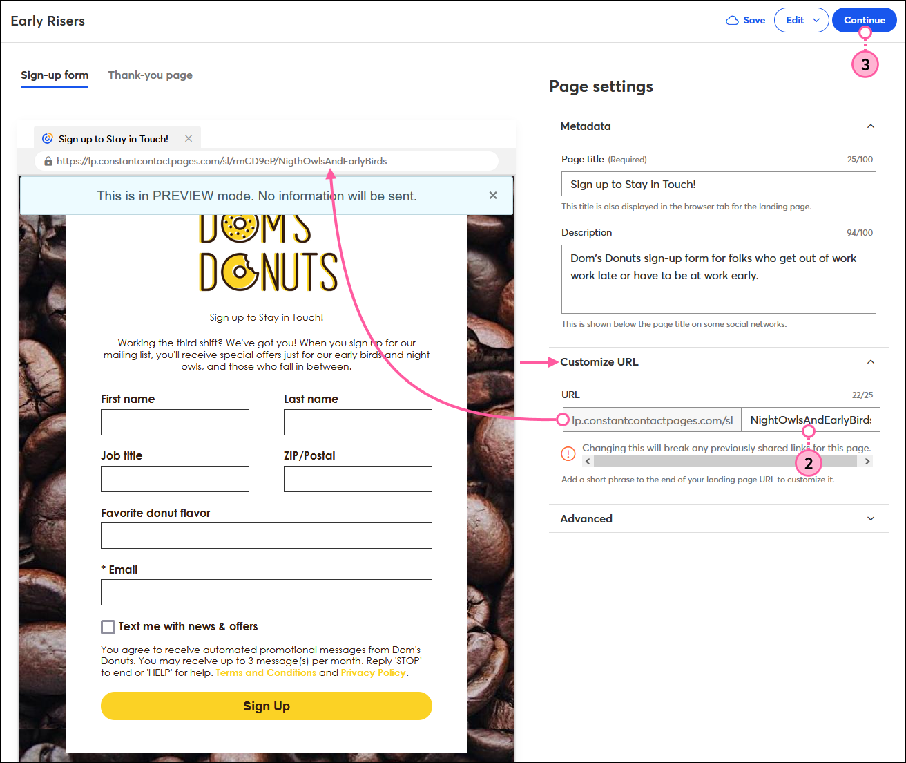 Sign-up Landing Page Page settings with Customize URl section expanded and URL field with custom portion and customized URL visible over landing page preview