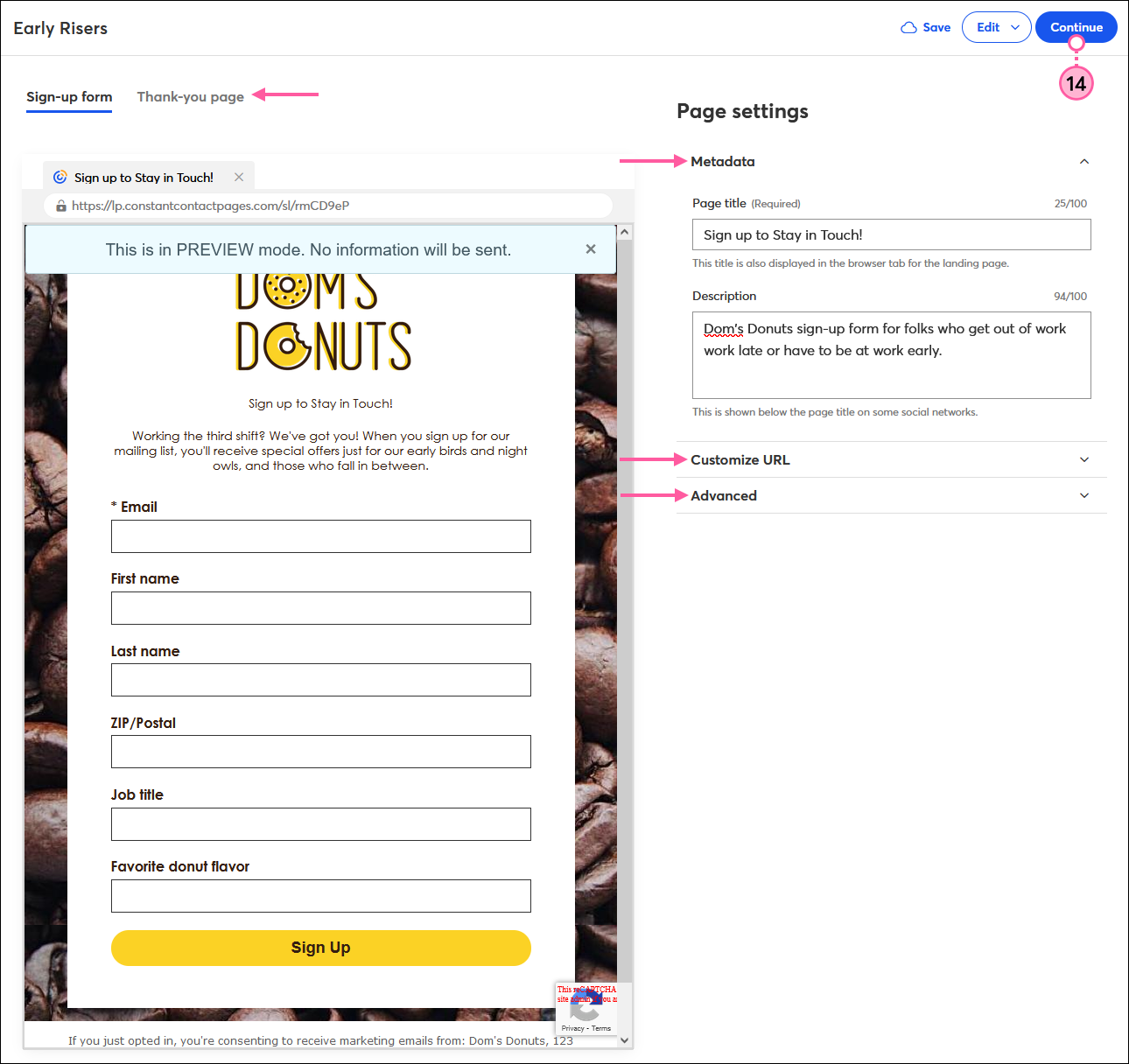 Sign-up Landing Page preview and Page Settings with Metadata section expanded and Page title and Description fields, and Continue button