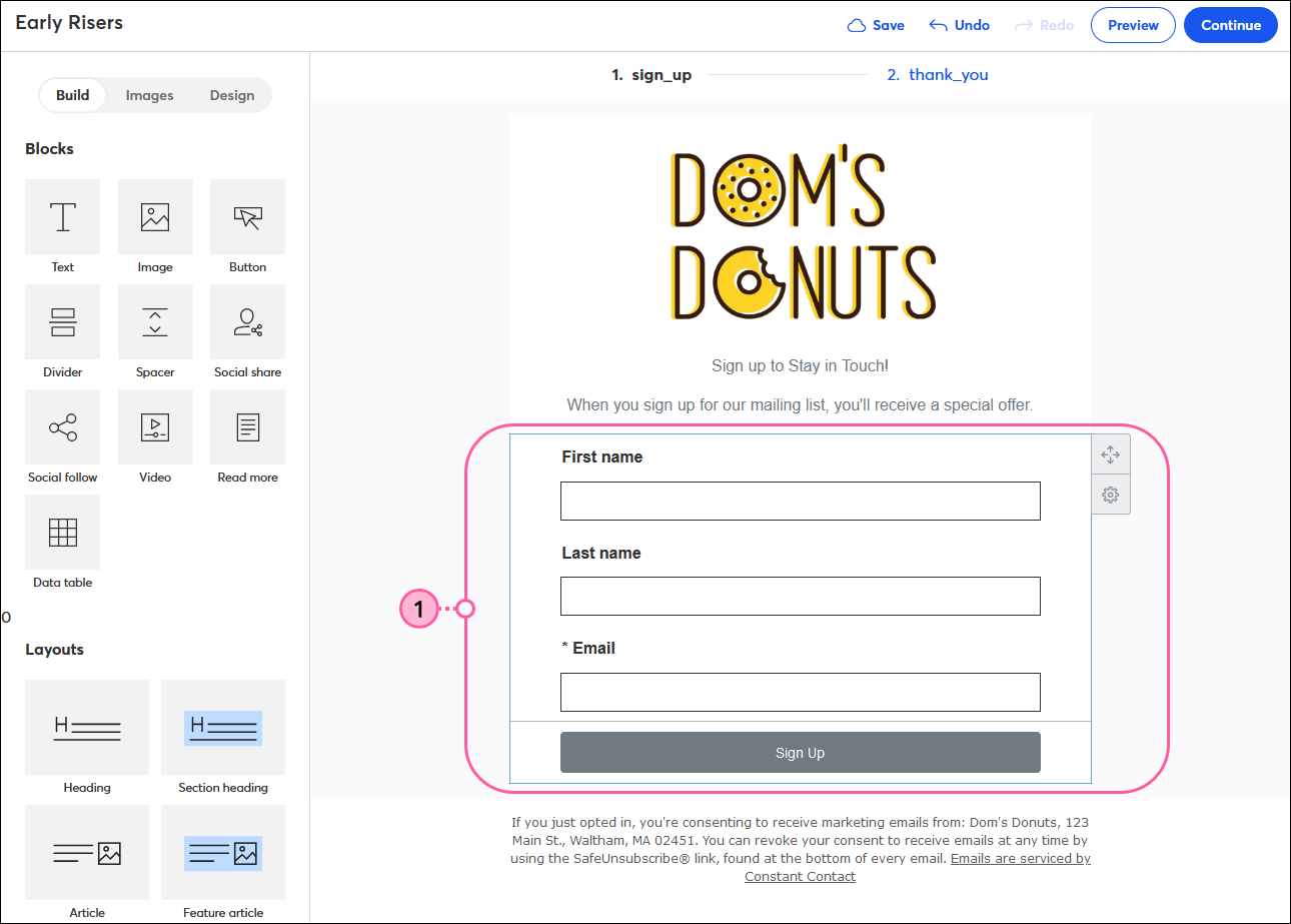 Landing page editor with Form Fields block