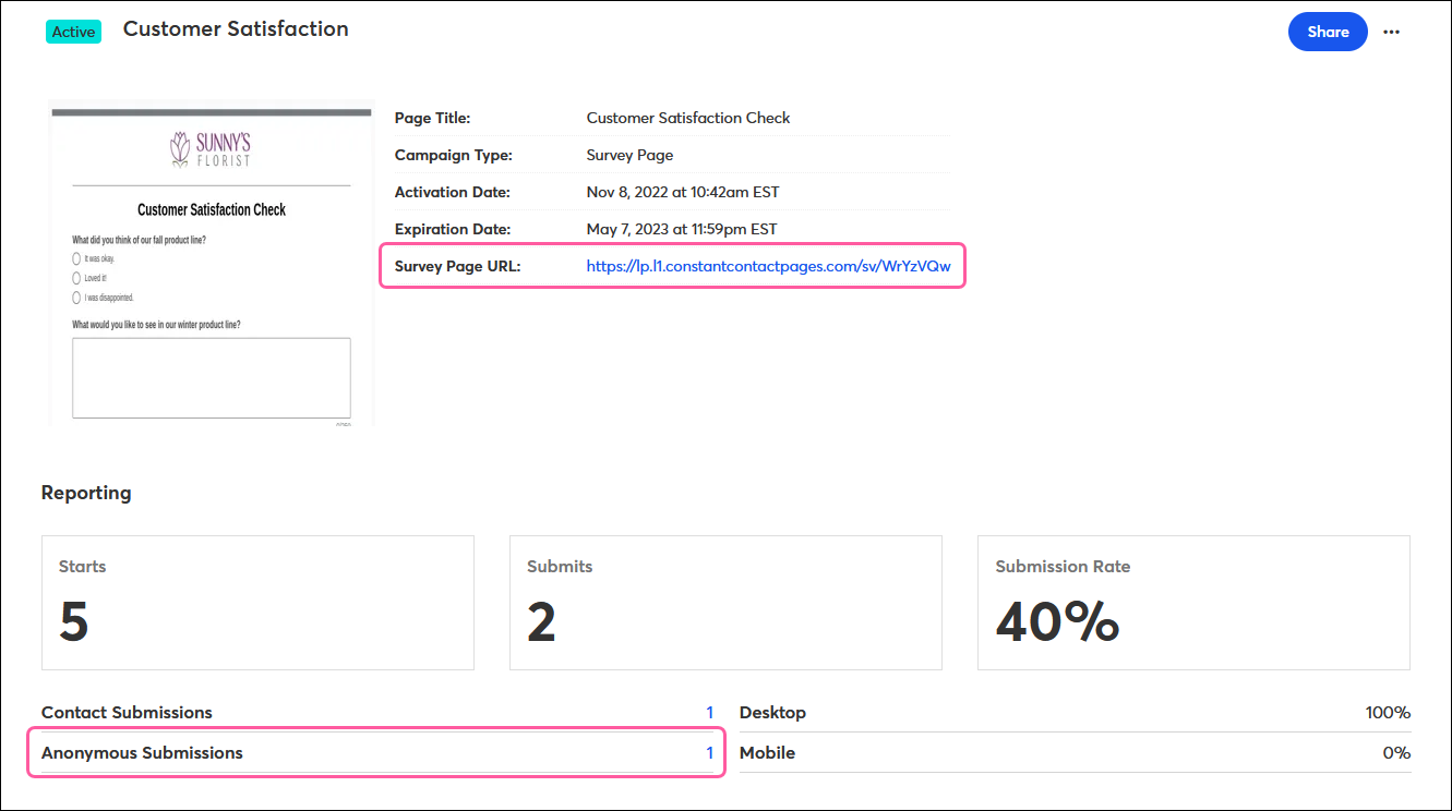 Survey Page Details Page with Survey Page URL and Anonymous Submissions in the Reporting section