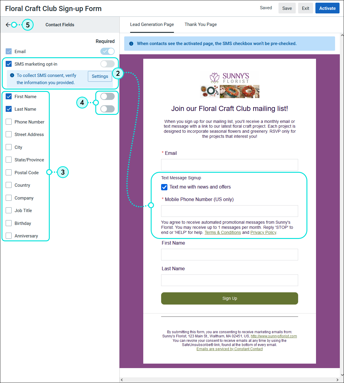 Lead Generation Landing Page SMS option enabled, Contact Detail Options, Required Field Toggles, and Back Arrow