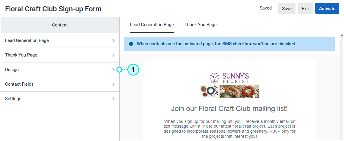 Lead Generation Landing Page Content menu and Design option